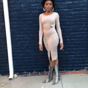 Dress Tan Long Sleeve Cut Out Tight sheath Midi Dress NWOT size small